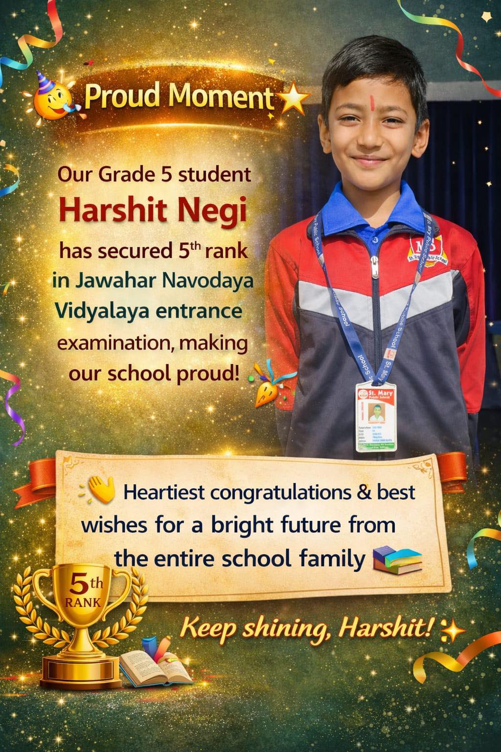 Harshit Negi achieves 5th rank in JNV entrance exam