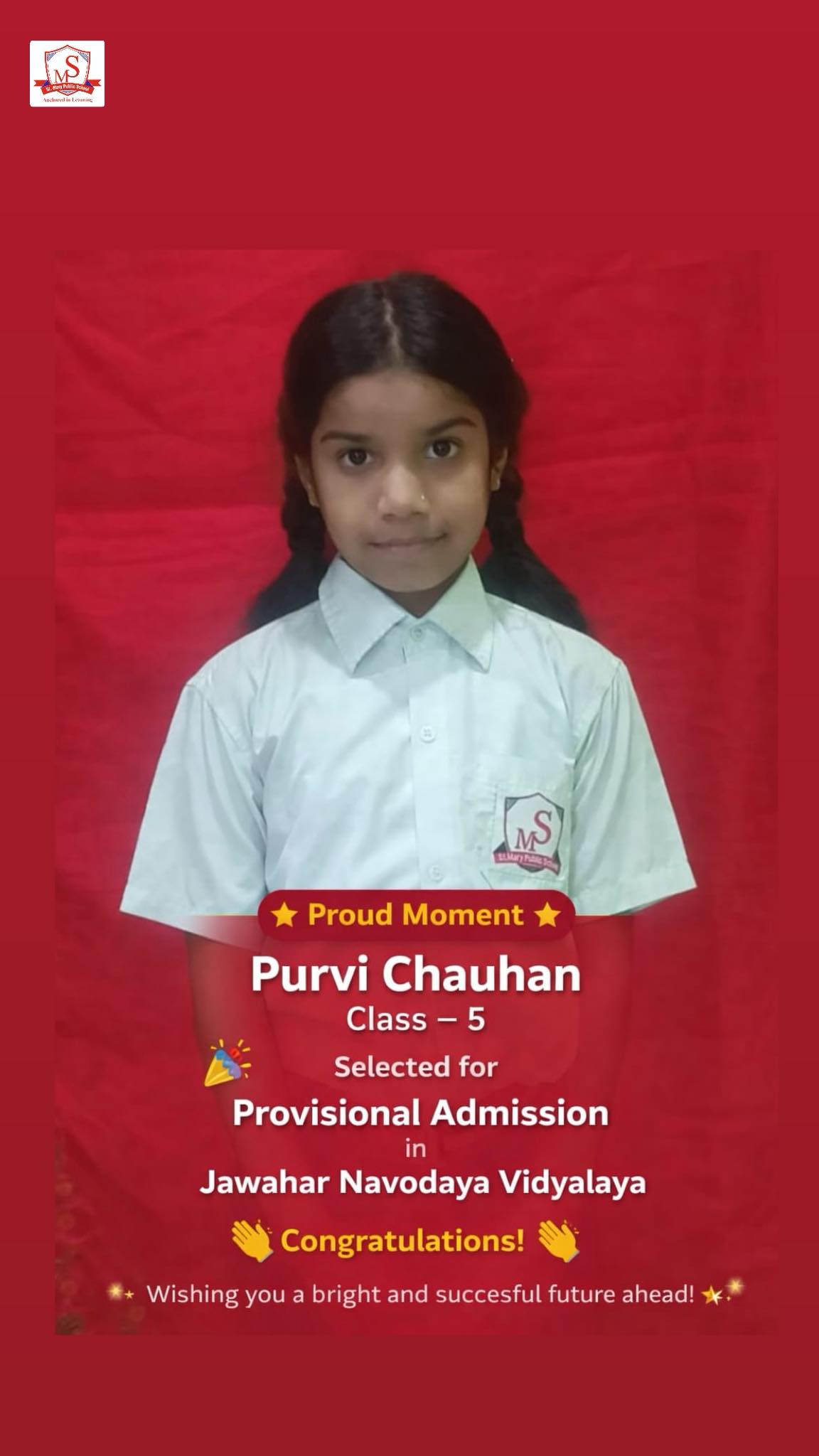 Purvi Chauhan selected for provisional admission in Jawahar Navodaya Vidyalaya